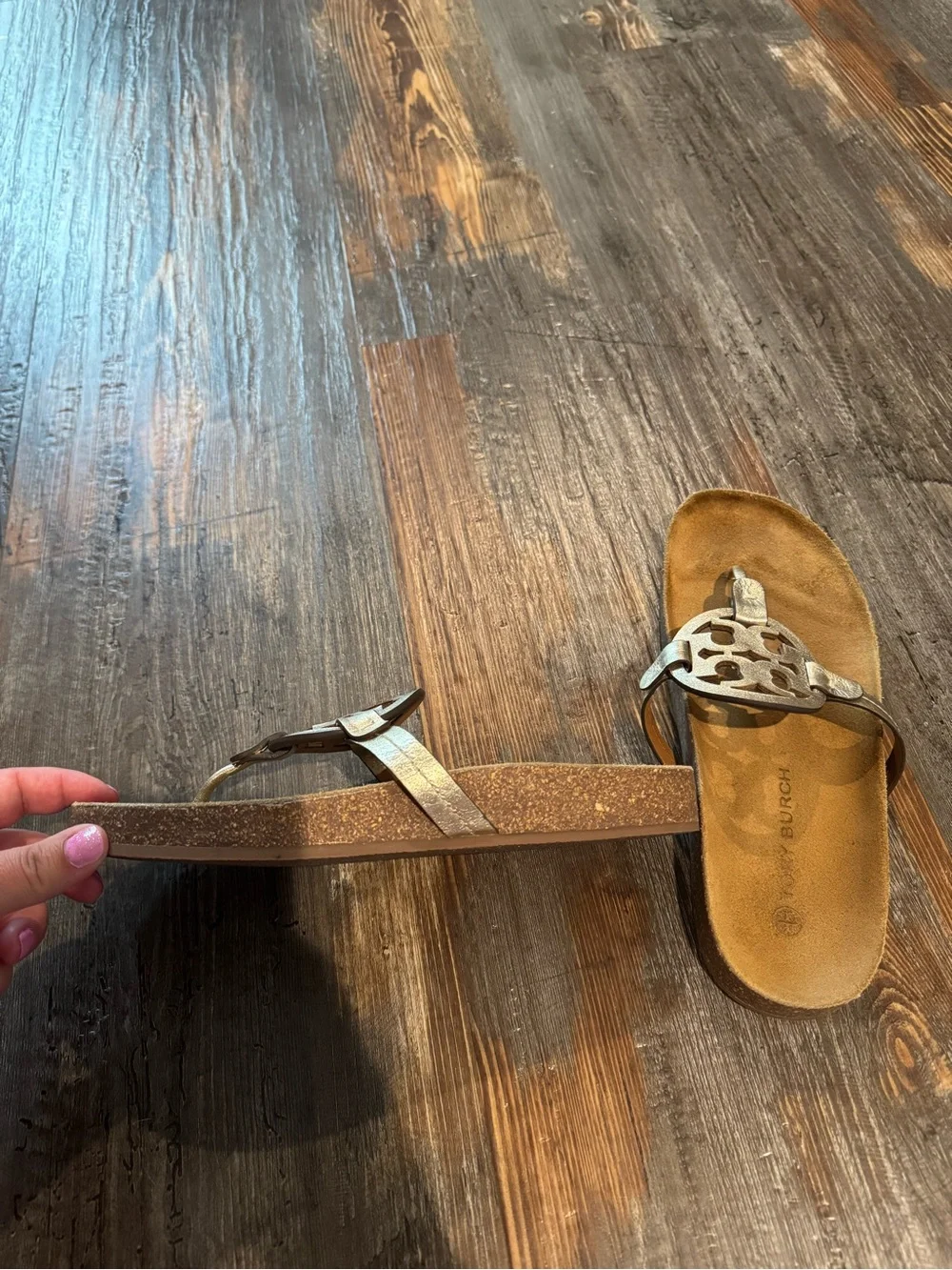 Tory Burch Metallic Silver Logo Thong Sandals with Tan Footbed